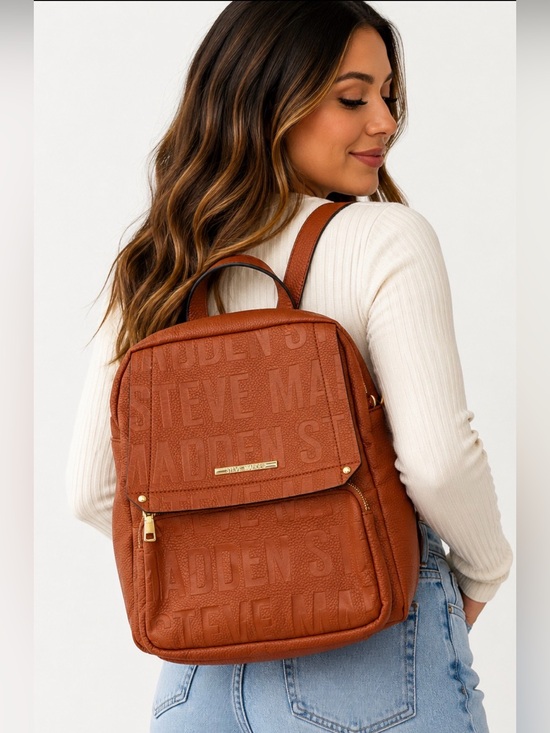 Steve Madden Handbags - Steve Madden BTAMPA Cognac Brown Embossed Logo Backpack Purse Gold Hardware